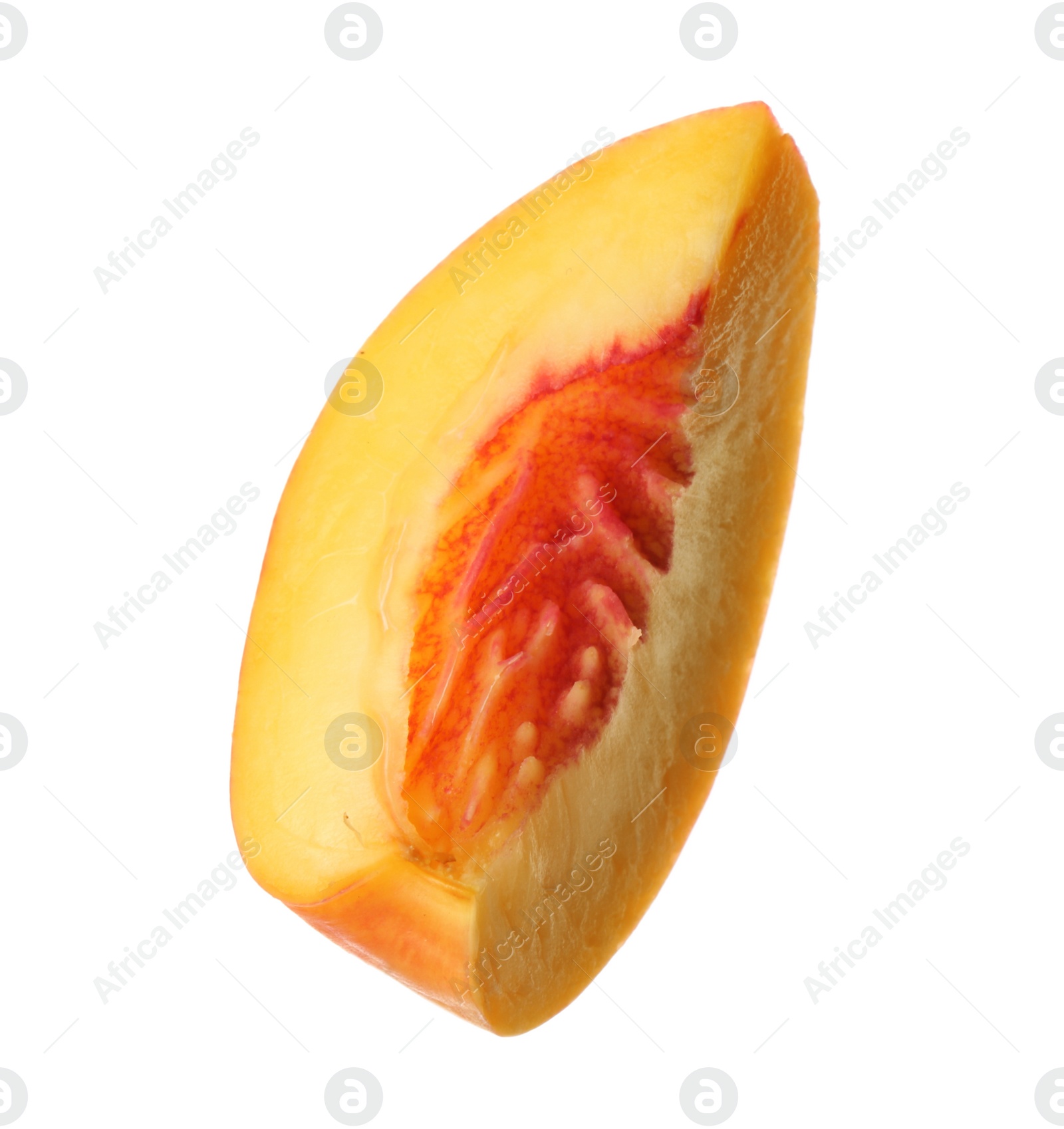 Photo of Slice of juicy peach on white background