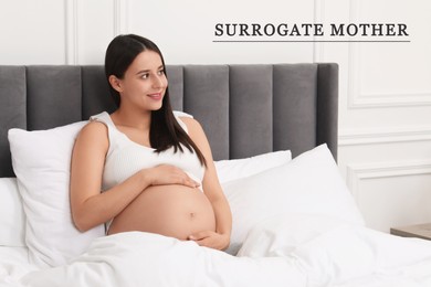 Image of Surrogate mother. Pregnant woman touching her belly in bed indoors
