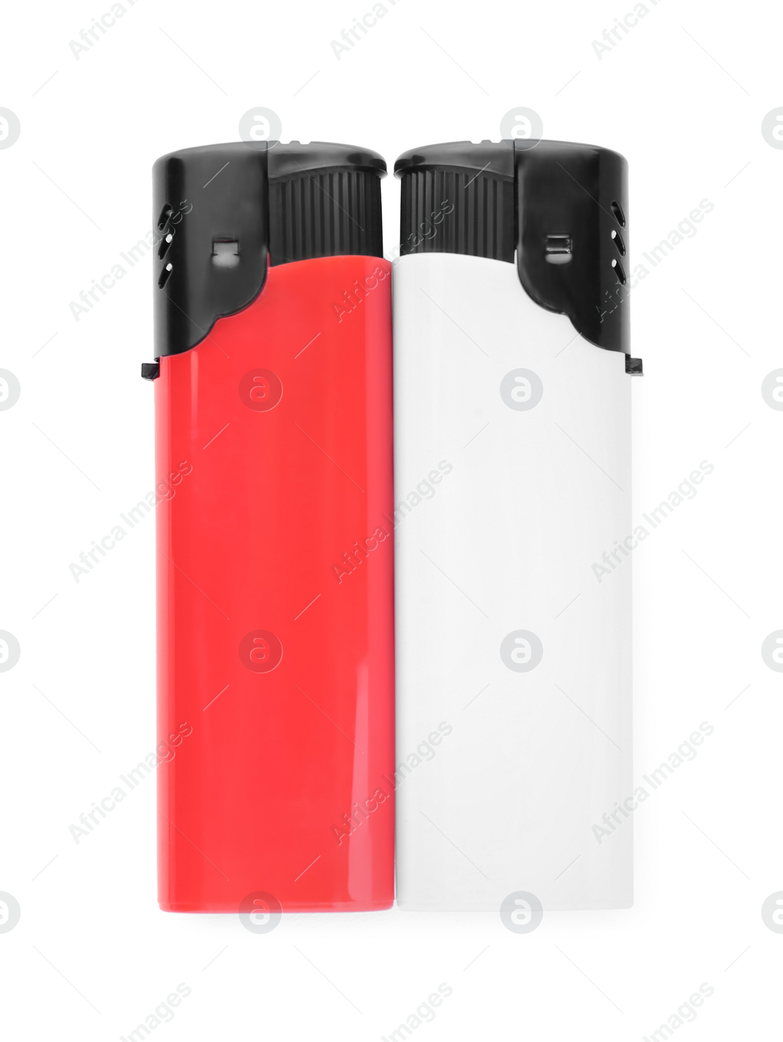 Photo of Stylish small pocket lighters on white background, top view