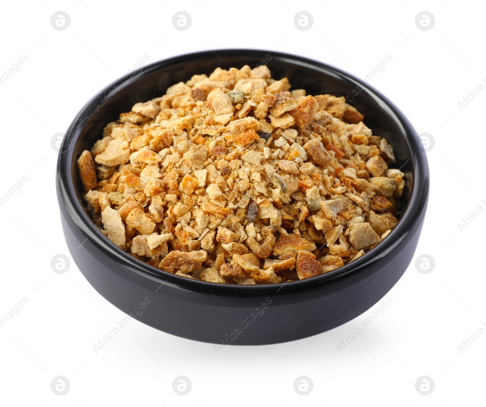 Photo of Bowl of dried orange zest seasoning isolated on white