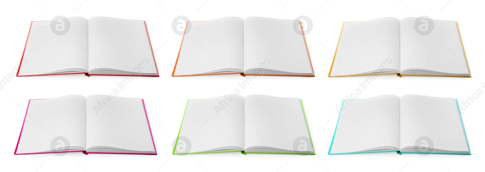 Image of Set with open planners on white background. Banner design