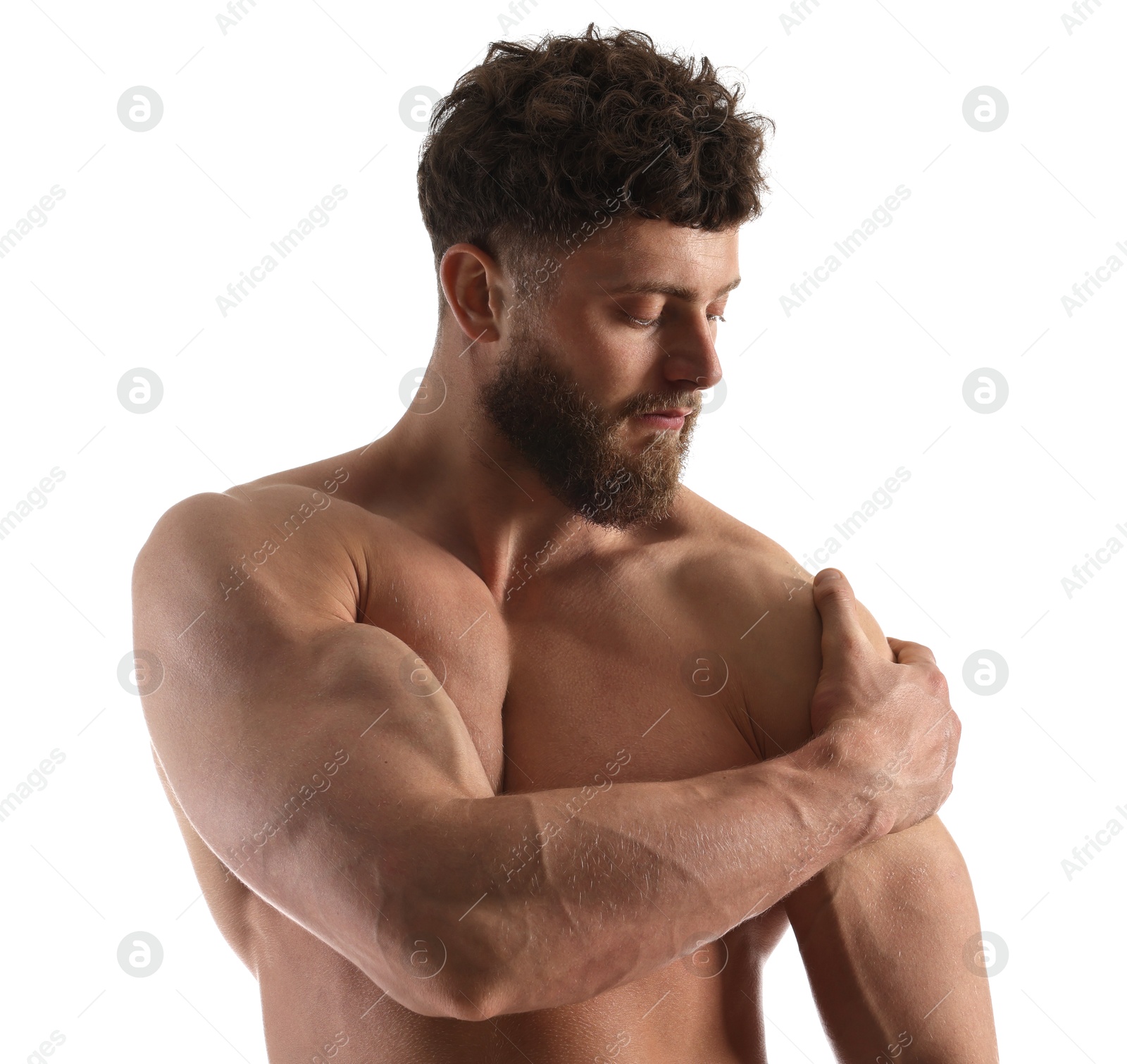 Photo of Handsome man with muscular body on white background