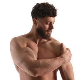 Handsome man with muscular body on white background