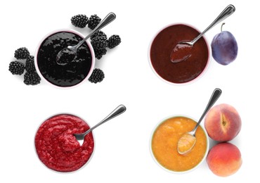 Image of Set with different tasty fruit puree on white background, top view