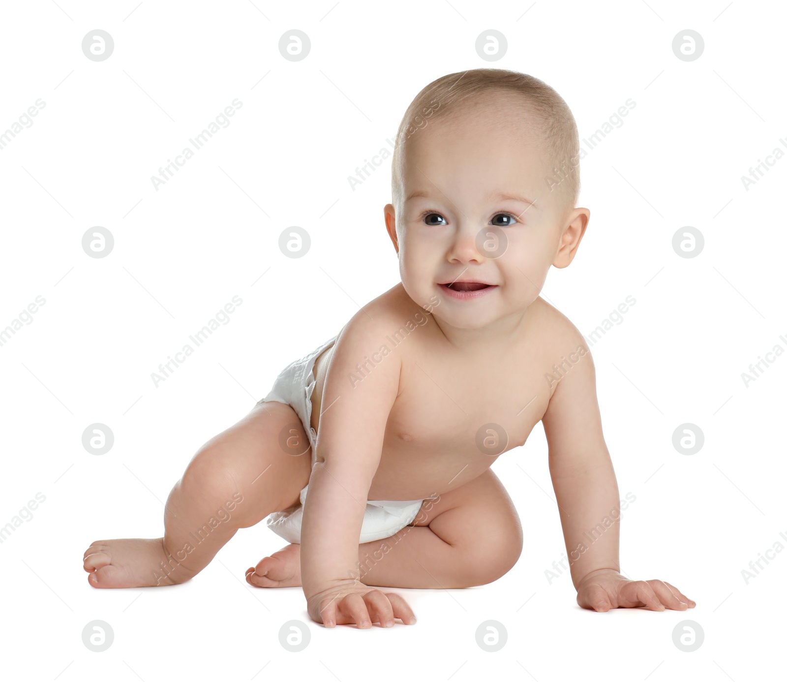 Photo of Cute little baby in diaper on white background