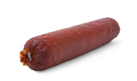 Photo of Whole delicious smoked sausage isolated on white
