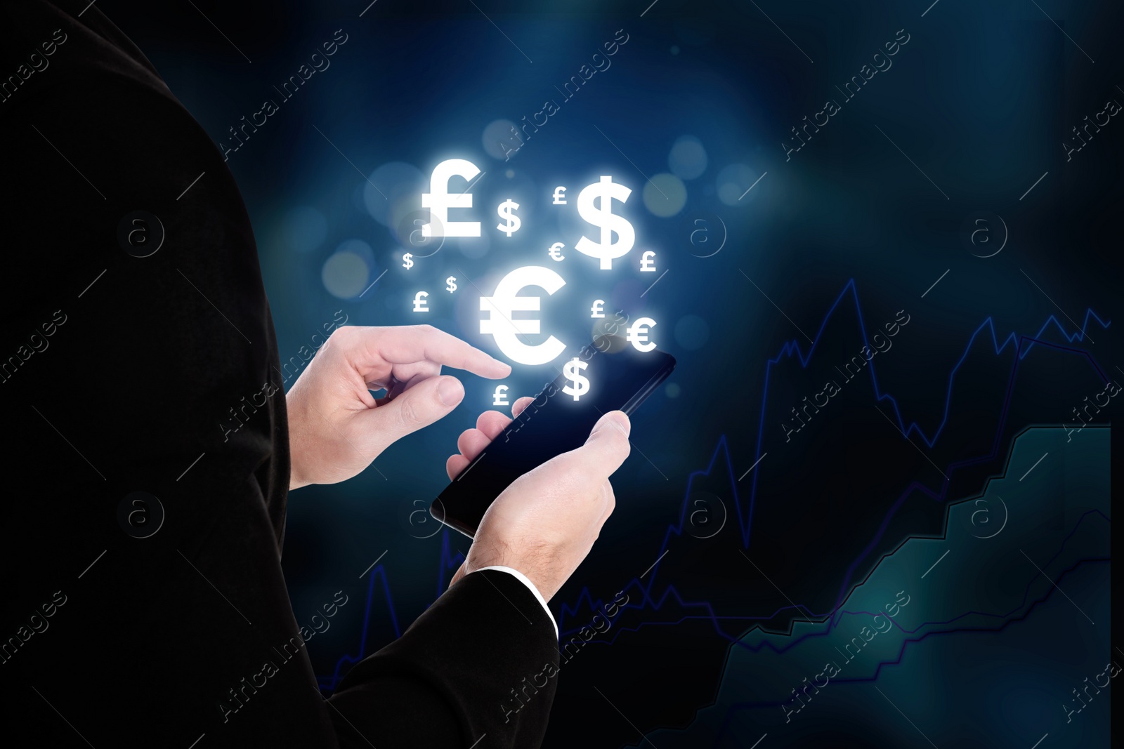 Image of Fintech concept. Man with smartphone on dark background, closeup