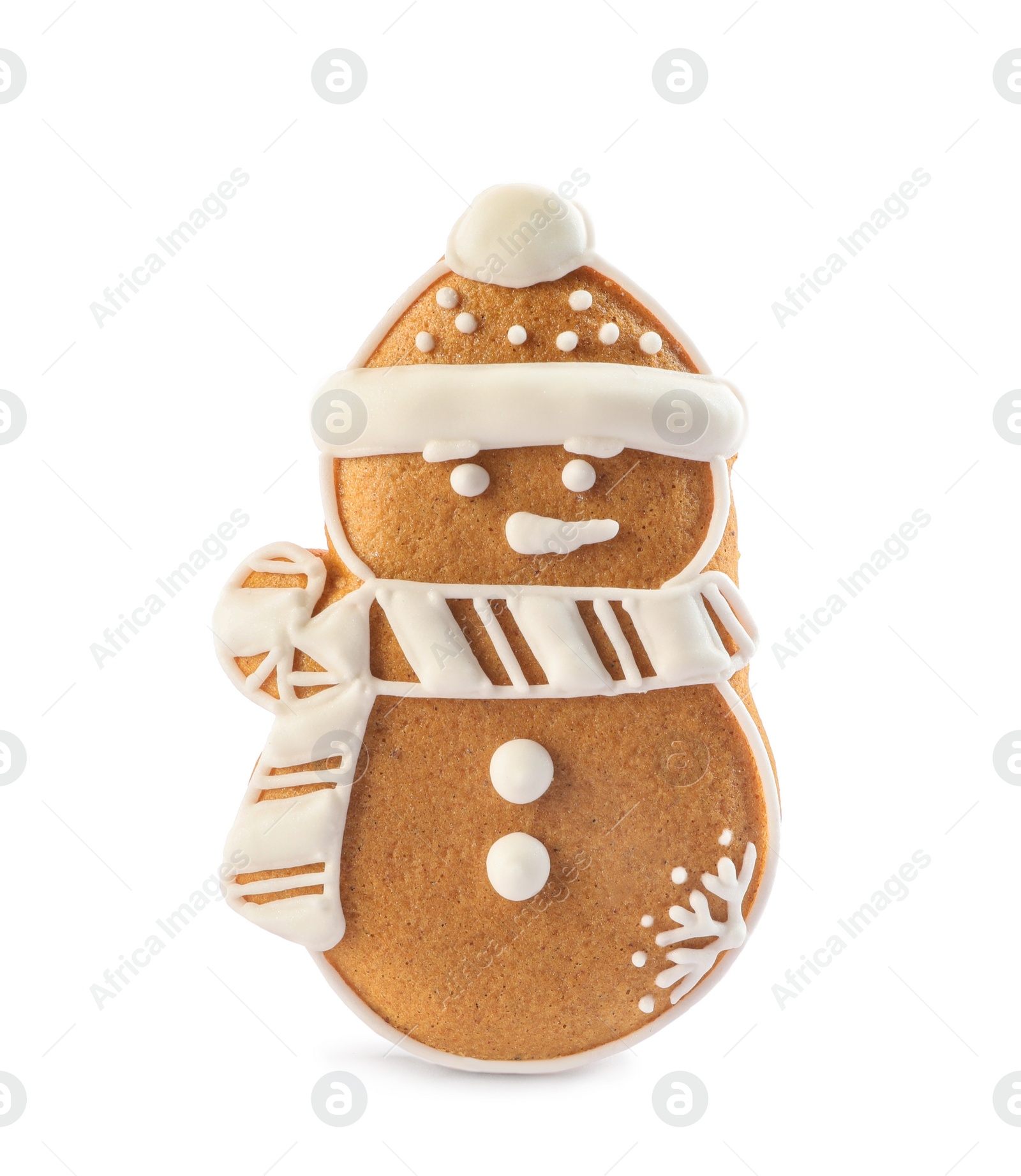 Photo of Snowman shaped Christmas cookie isolated on white