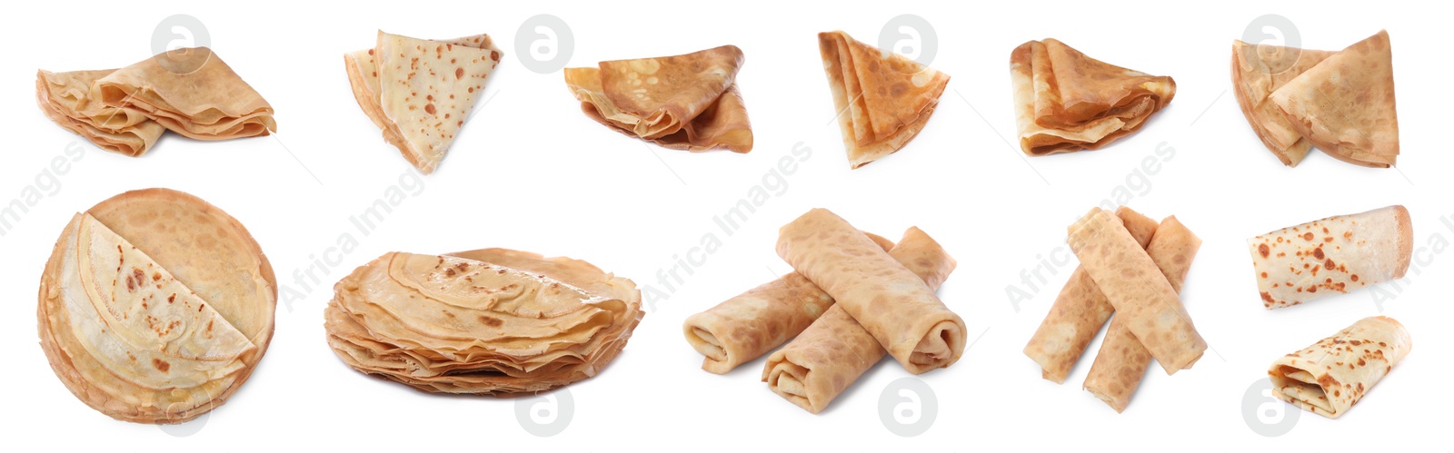 Image of Set of delicious crepes on white background. Banner design