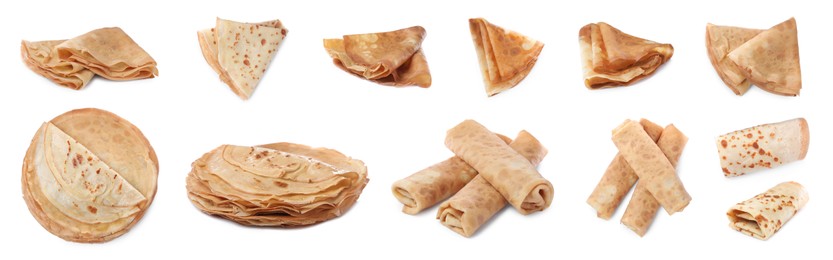 Image of Set of delicious crepes on white background. Banner design