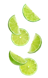 Image of Collage of falling limes on white background