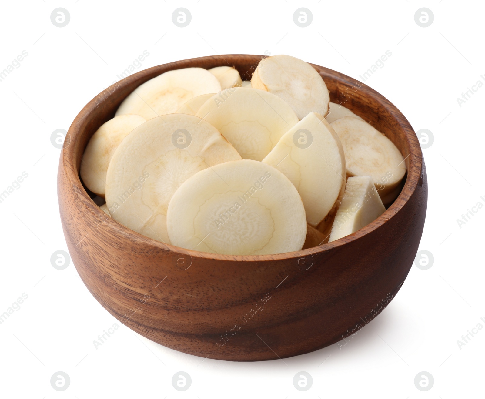 Photo of Bowl of tasty cut fresh ripe parsnip isolated on white