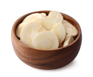 Bowl of tasty cut fresh ripe parsnip isolated on white