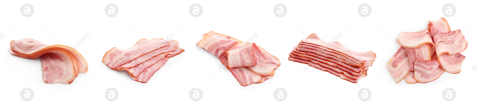 Image of Set with bacon slices on white background. Banner design