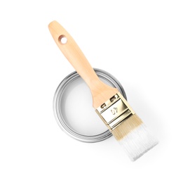 Photo of Paint can with brush on white background, top view