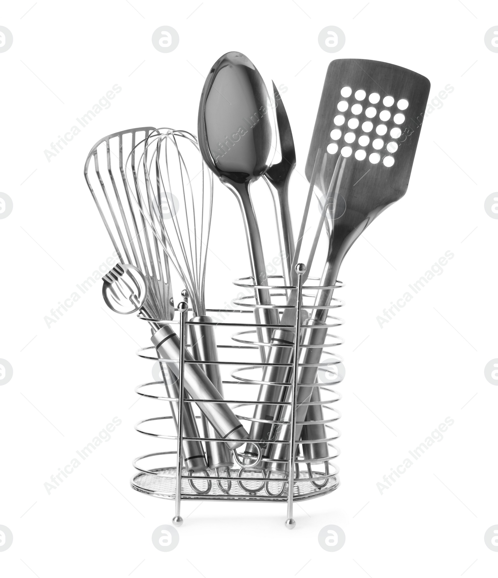 Photo of Different kitchen utensils in stand on white background