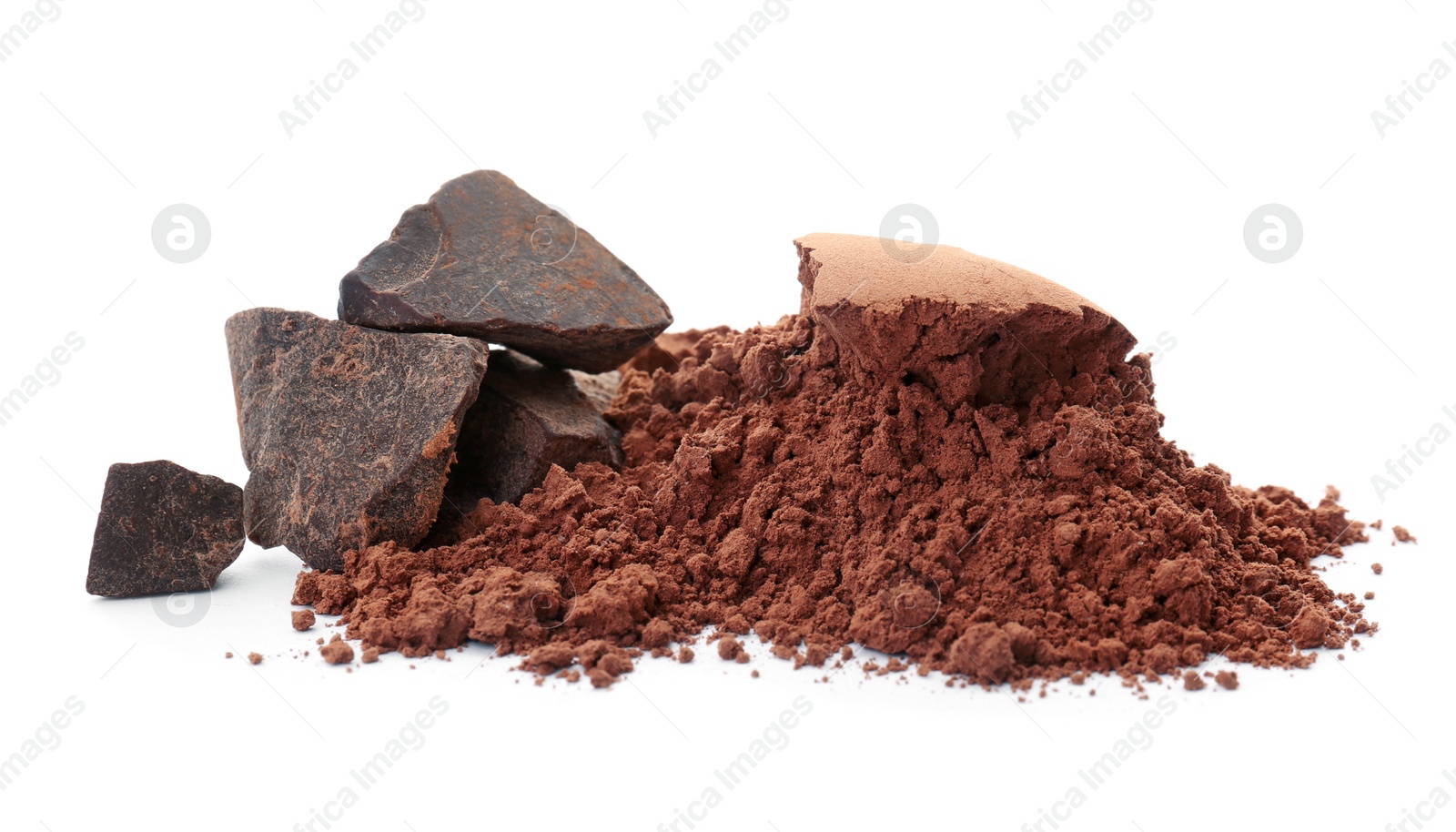 Photo of Cocoa powder and pieces of chocolate on white background