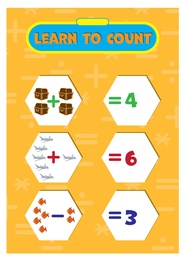 Illustration of Educational game for kids, learn to count. Sums with different images, illustration