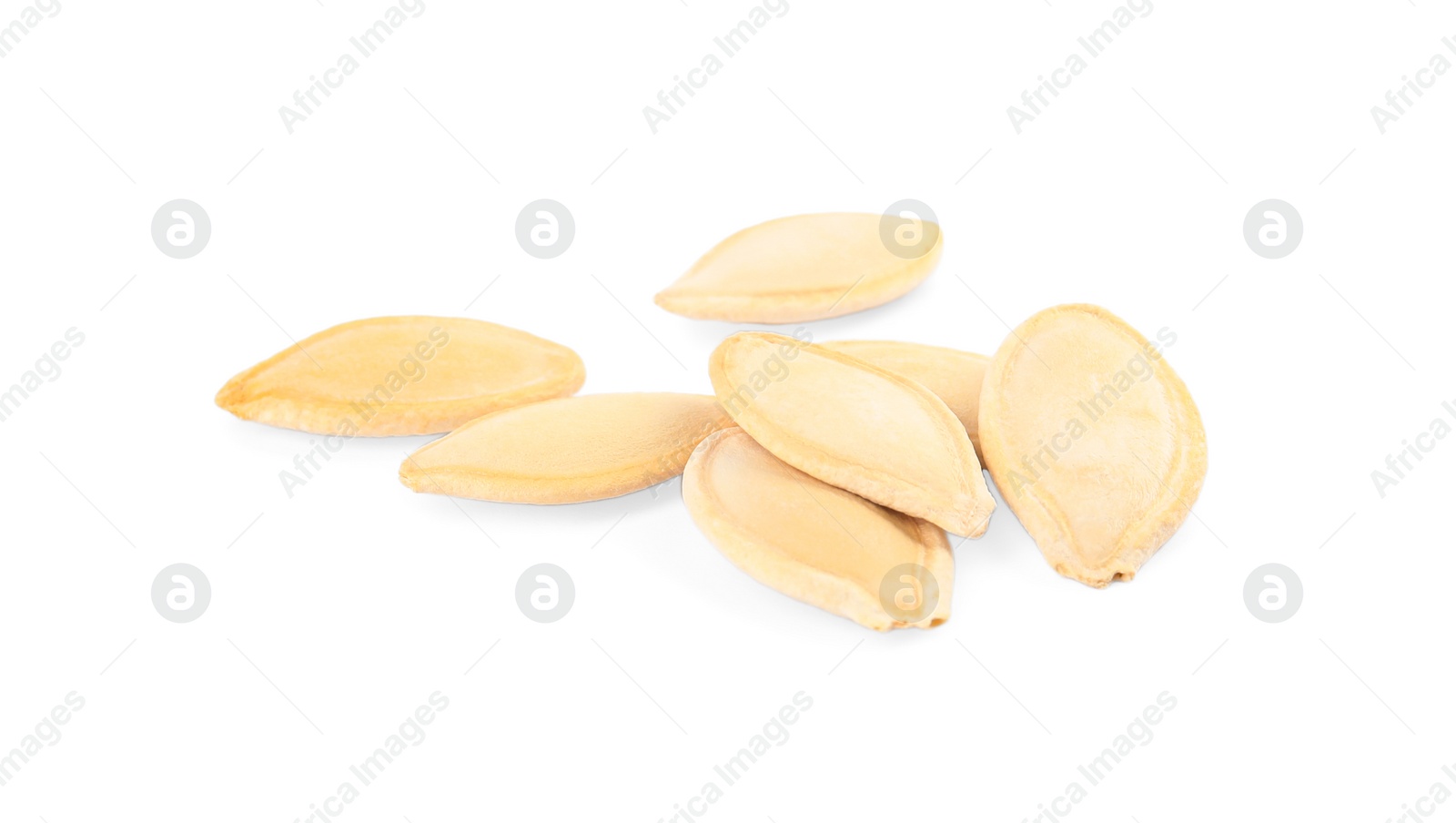 Photo of Raw unpeeled pumpkin seeds on white background