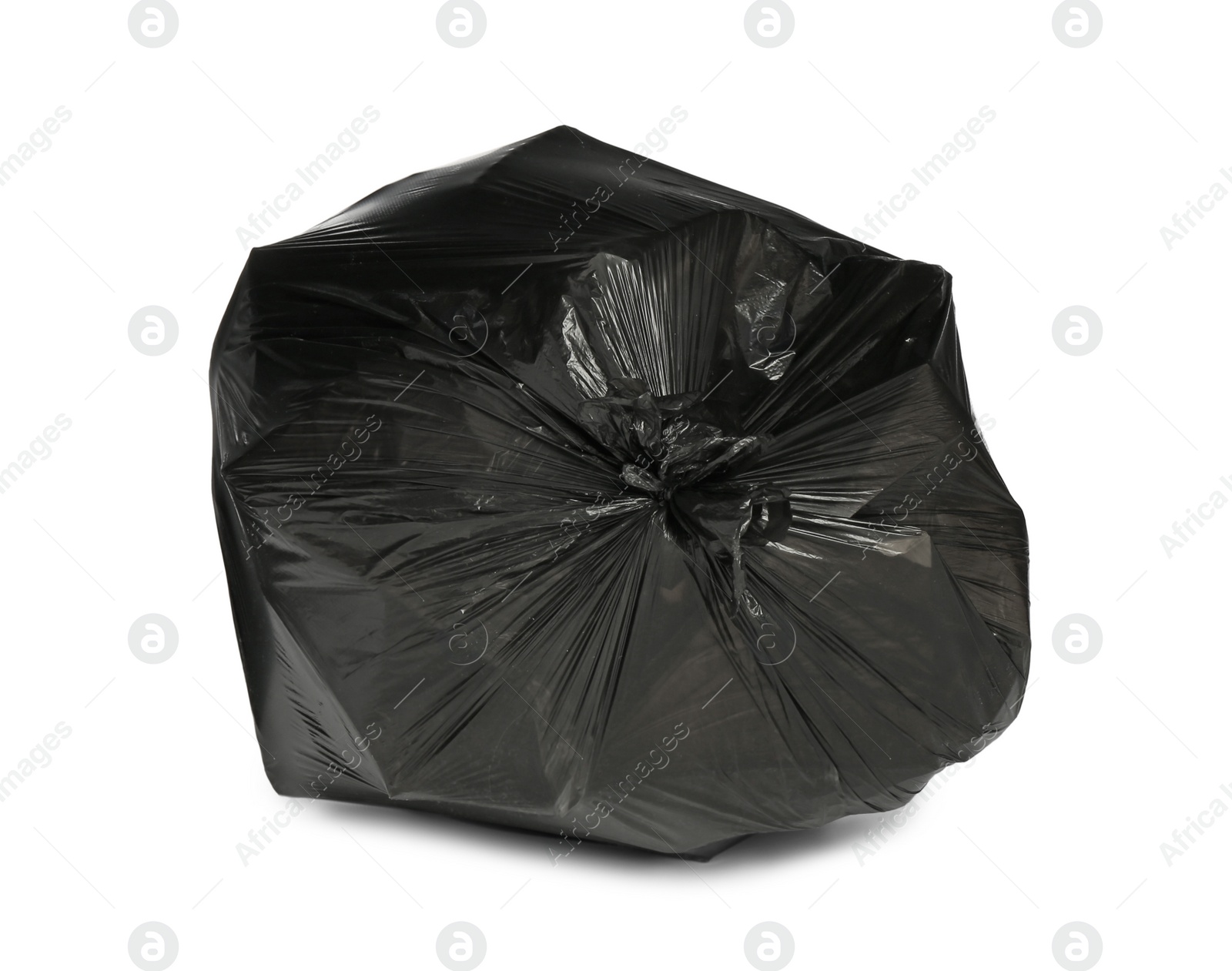 Photo of Black trash bag filled with garbage isolated on white