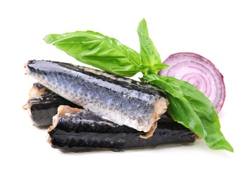 Photo of Canned mackerel fillets with red onion rings and basil on white background