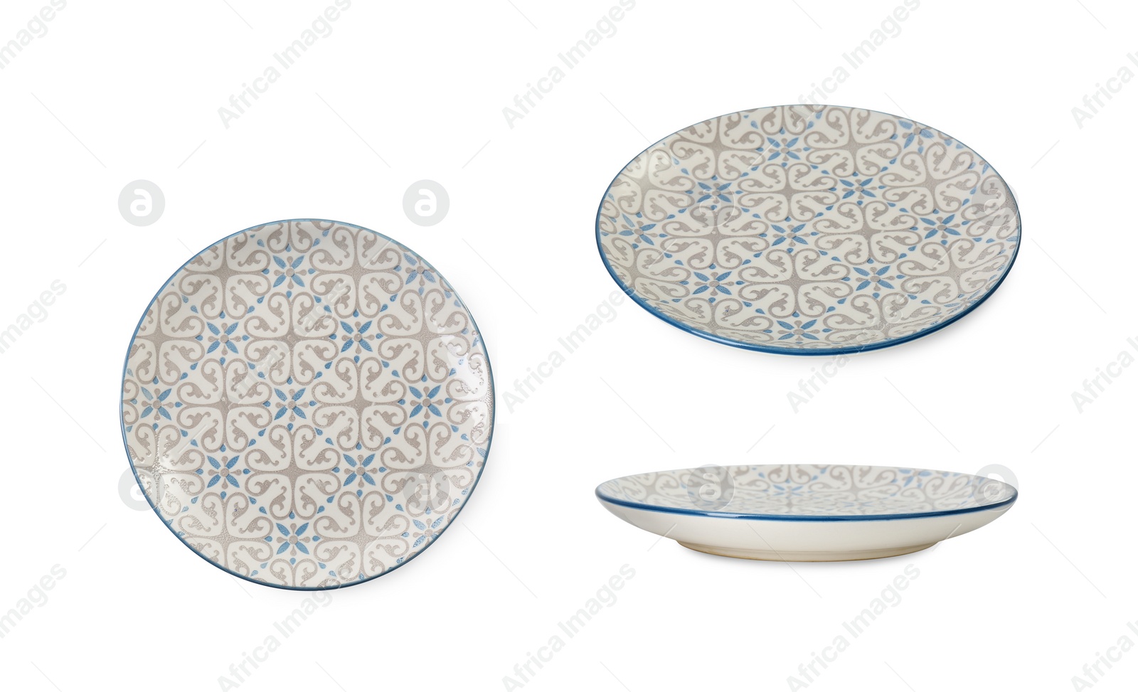 Image of Empty ceramic plate isolated on white, set with different views