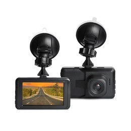 Modern car dashboard cameras on white background in collage, one with photo of road