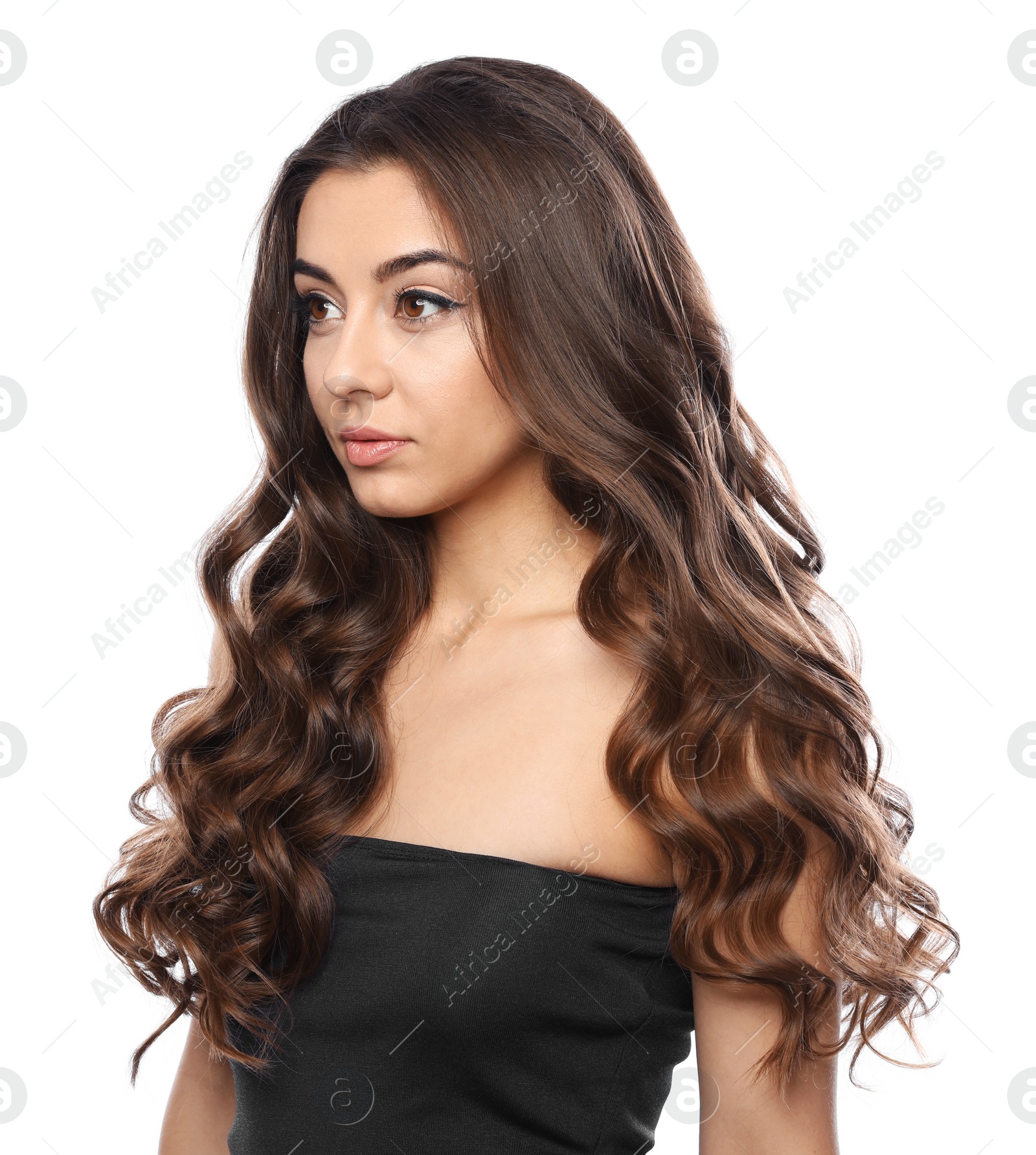 Photo of Beautiful woman with shiny wavy hair on white background