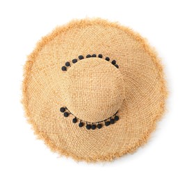 Stylish straw hat isolated on white, top view