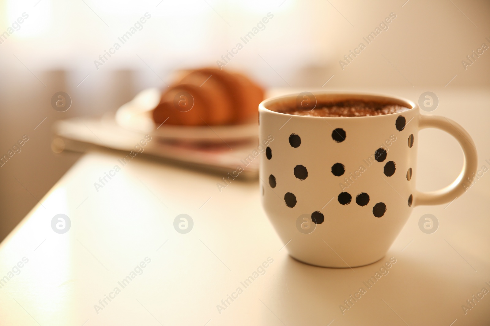 Photo of Cup of hot drink on table, space for text. Lazy morning