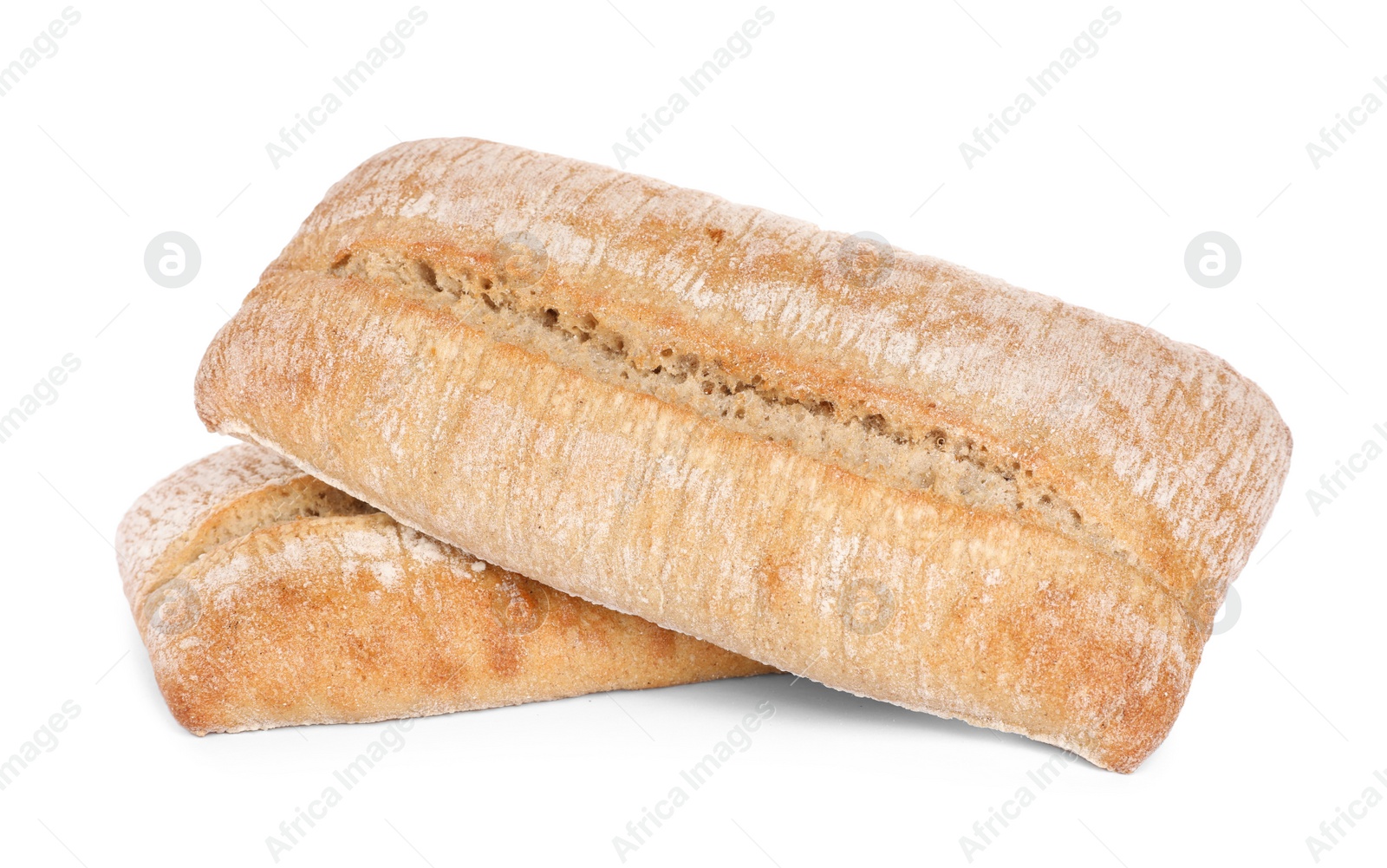 Photo of Crispy ciabattas on white background. Fresh bread