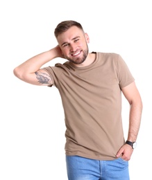 Photo of Portrait of handsome happy man on white background