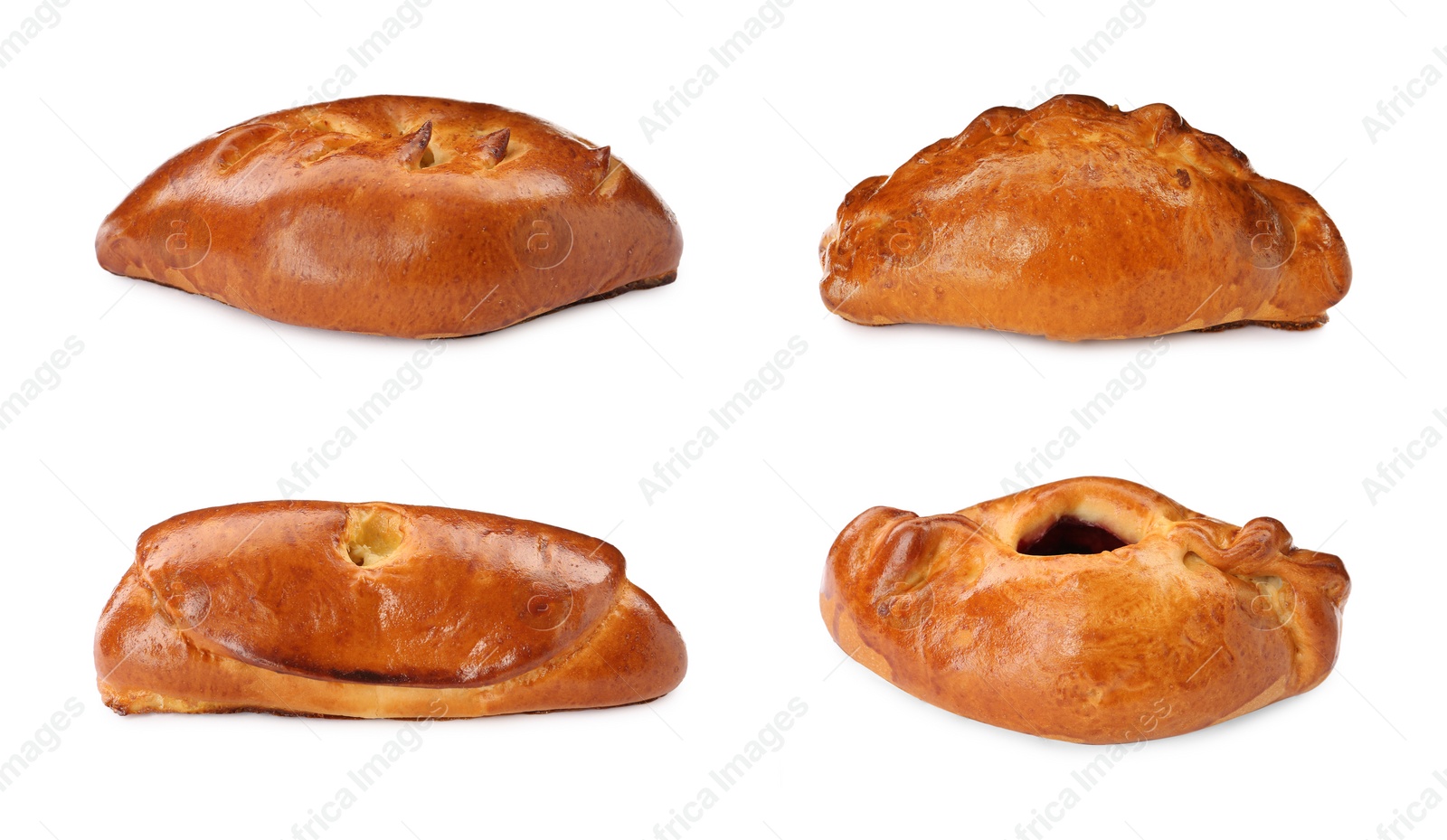 Image of Set with delicious baked patties on white background