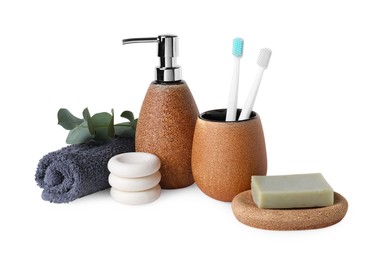 Bath accessories. Different personal care products and eucalyptus branch isolated on white