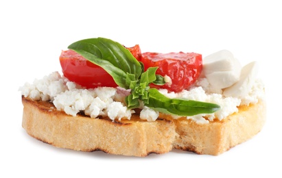 Photo of Tasty fresh tomato bruschetta on white background