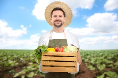 Image of Harvesting season. Farmer holding wooden crate with crop in field