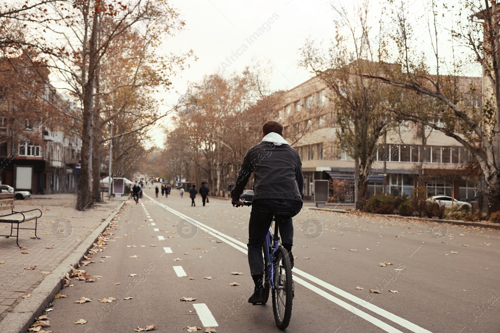 Photo of Man riding bicycle on lane in city, back view