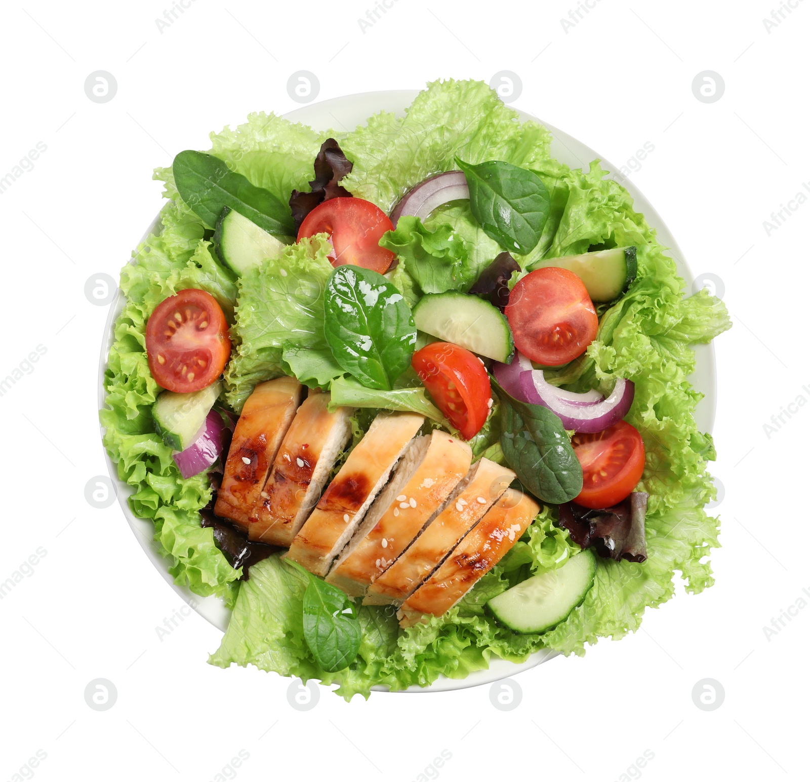 Photo of Delicious salad with chicken and vegetables in bowl isolated on white, top view