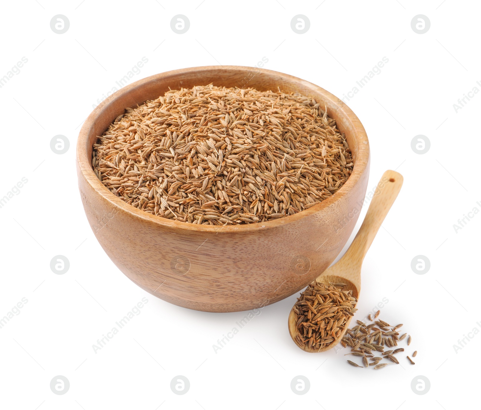 Photo of Bowl and spoon of aromatic caraway (Persian cumin) seeds isolated on white
