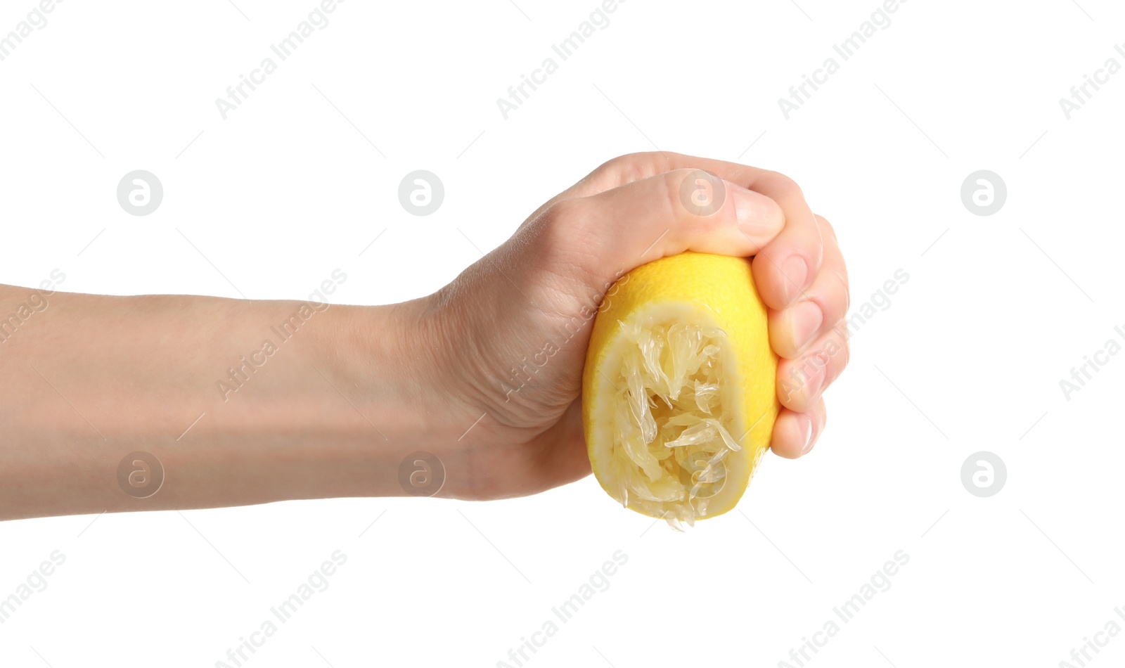 Photo of Woman squeezing lemon half on white background, closeup