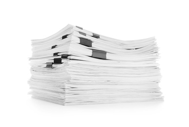 Stack of documents with black clips on white background