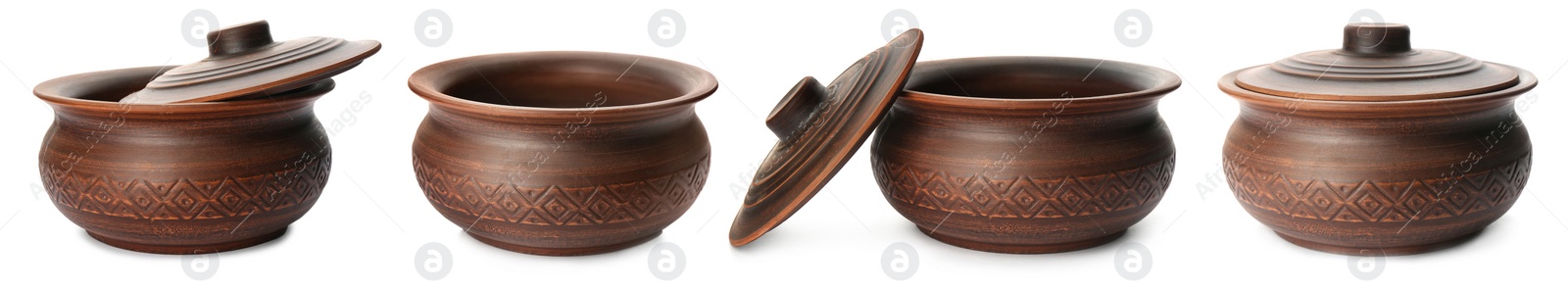 Image of Set with stylish clay pots on white background. Banner design