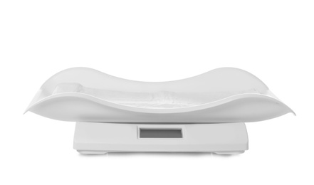 Photo of Modern digital baby scales on white background