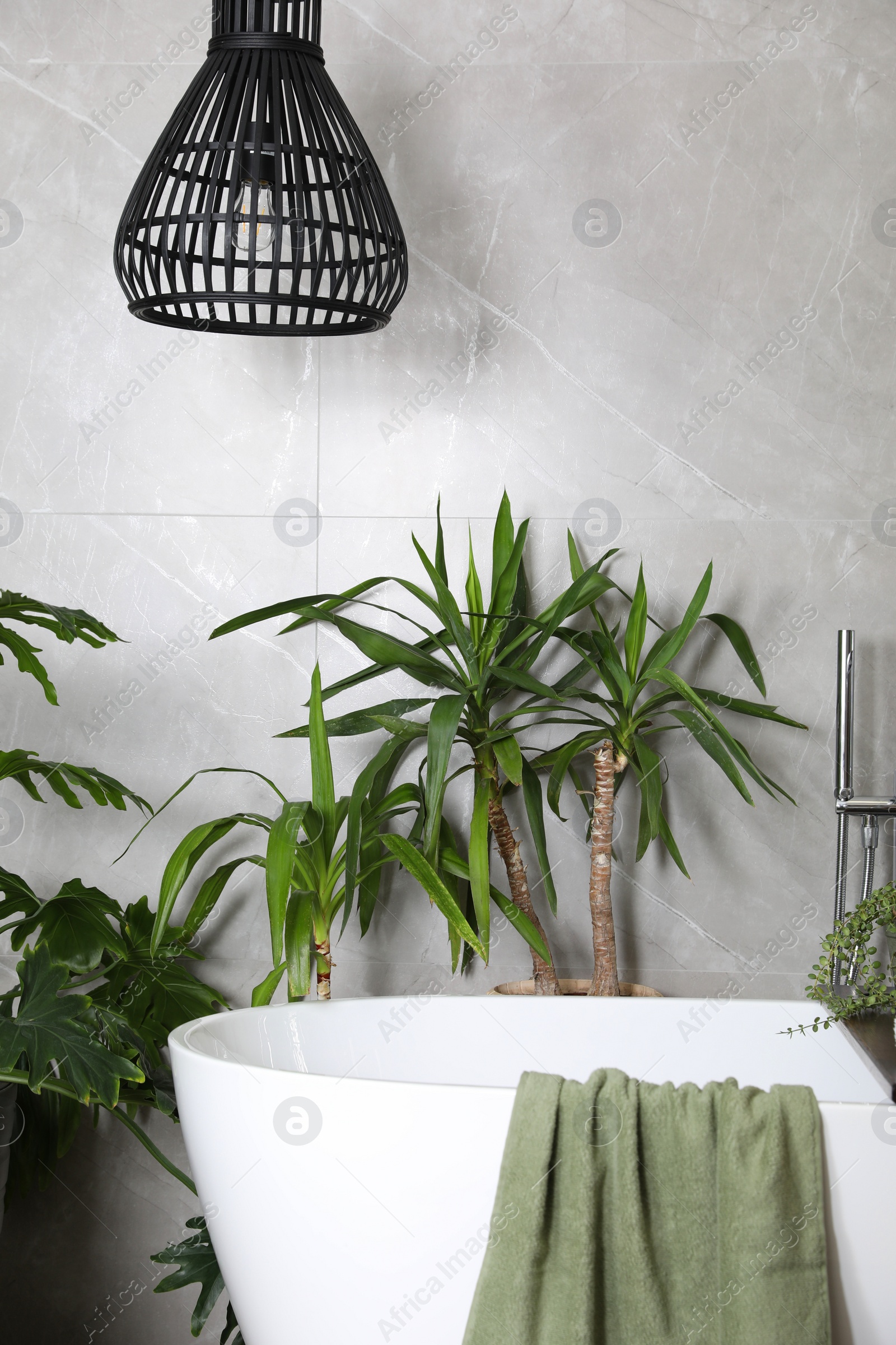 Photo of Modern white tub and beautiful green houseplants in bathroom. Interior design