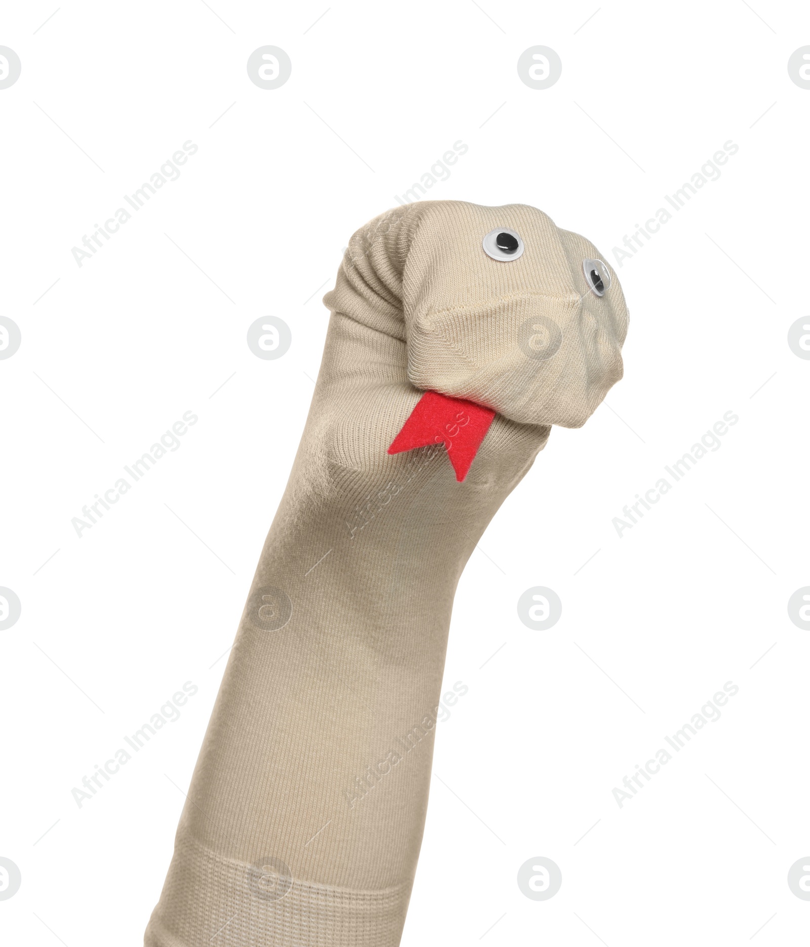 Photo of Funny sock puppet with tongue isolated on white