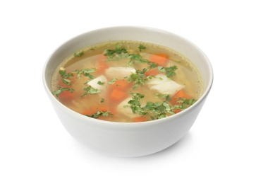 Bowl with fresh homemade chicken soup on white background