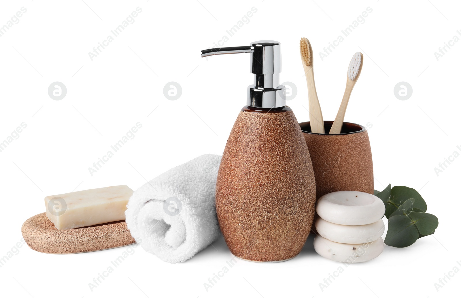 Photo of Bath accessories. Set of different personal care products and eucalyptus leaves isolated on white