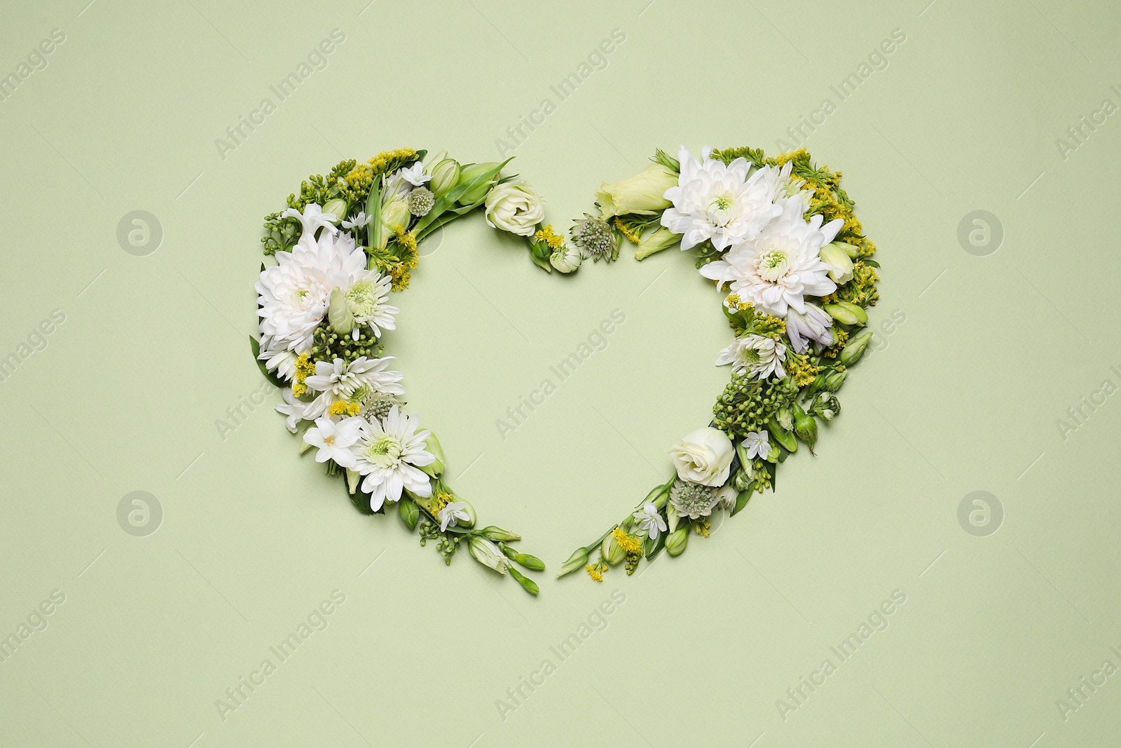 Photo of Beautiful heart shaped floral composition on light green background, flat lay