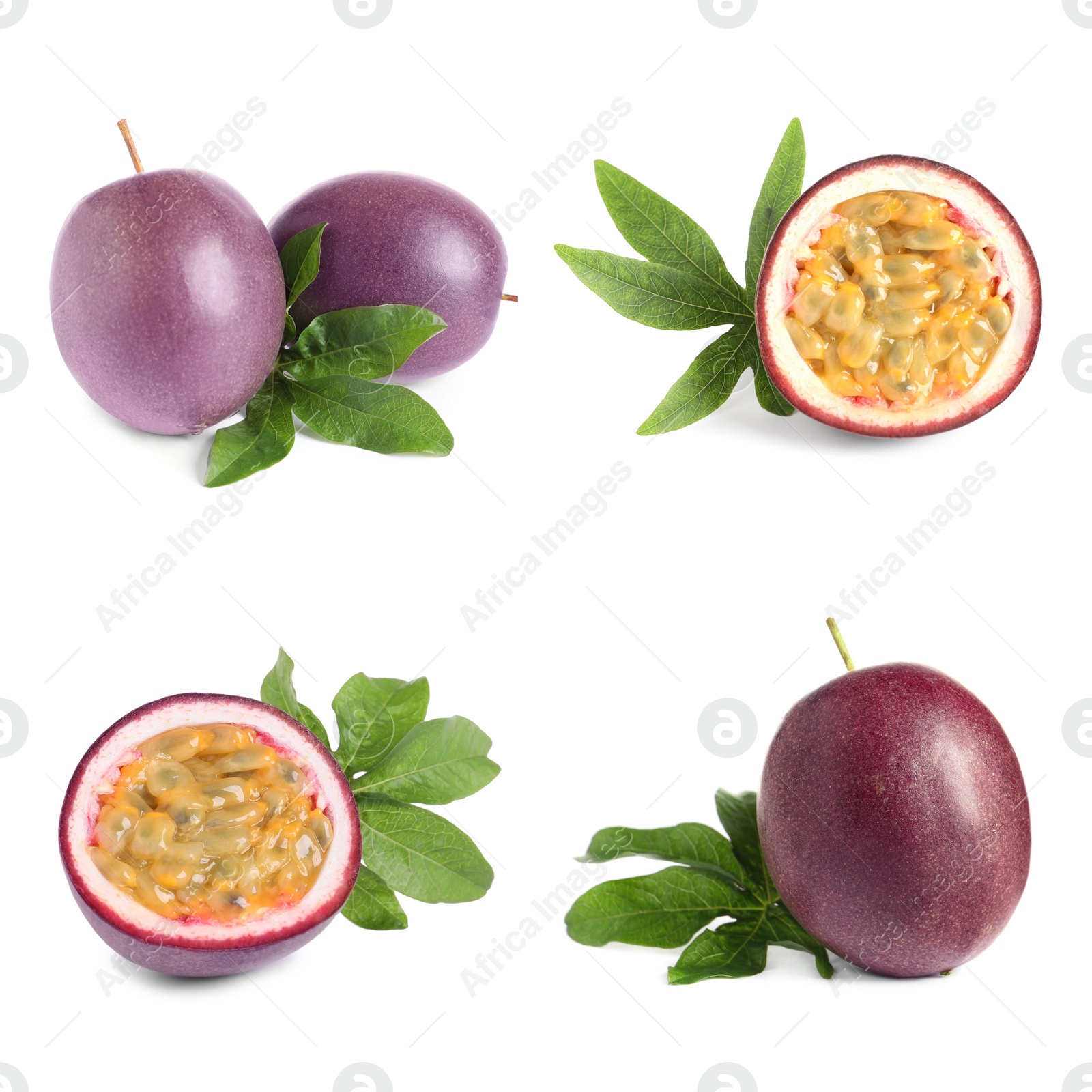 Image of Set with delicious passion fruits on white background