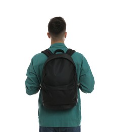 Young man with stylish backpack on white background, back view